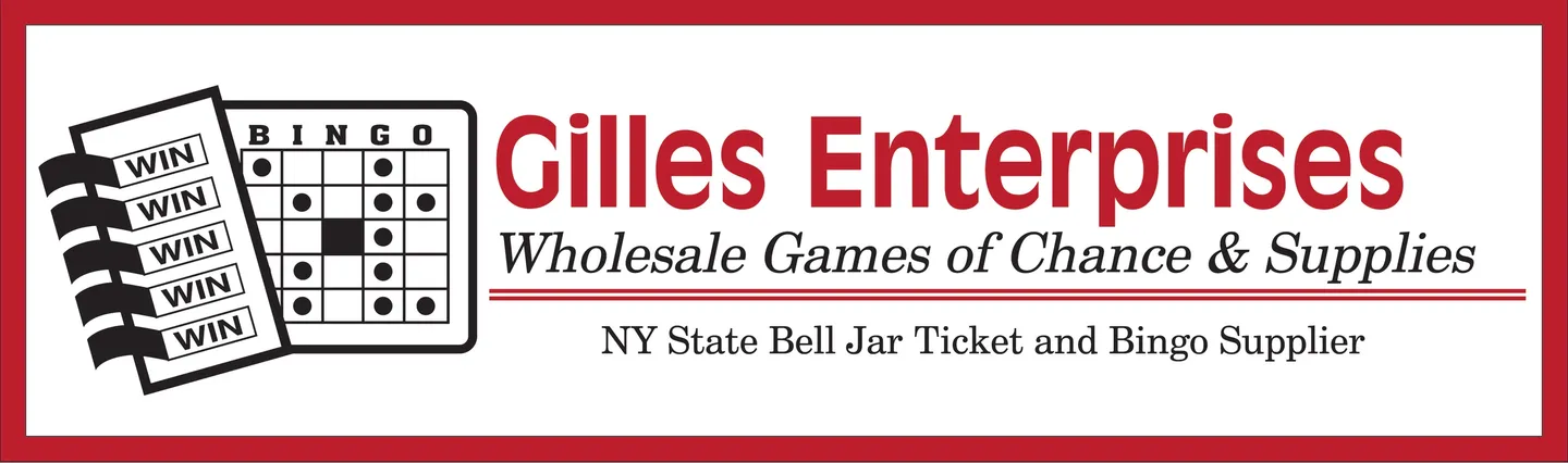 A red and white banner with the words " gilles entertains wholesale games of canada ," in front of an image of a new york state bell