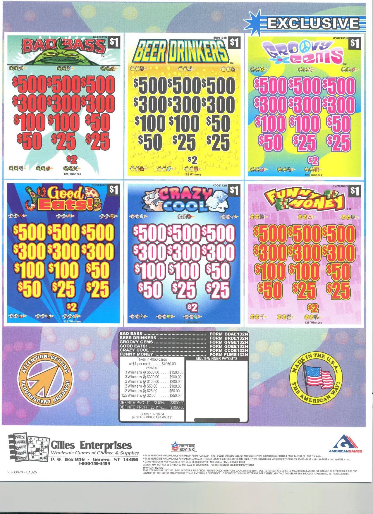 A series of bingo cards with numbers and prices.