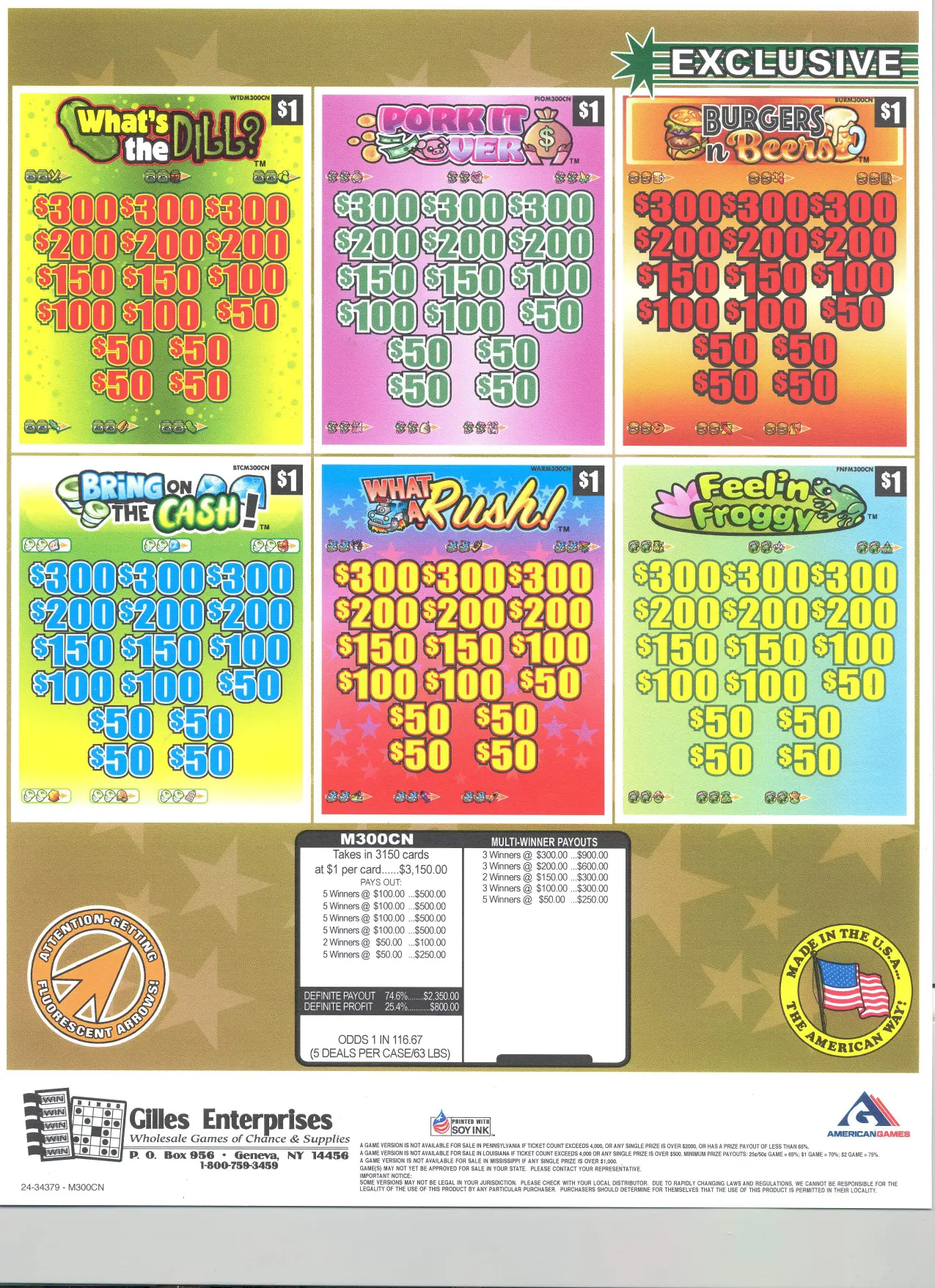 A series of lottery tickets with numbers and the number of prizes.