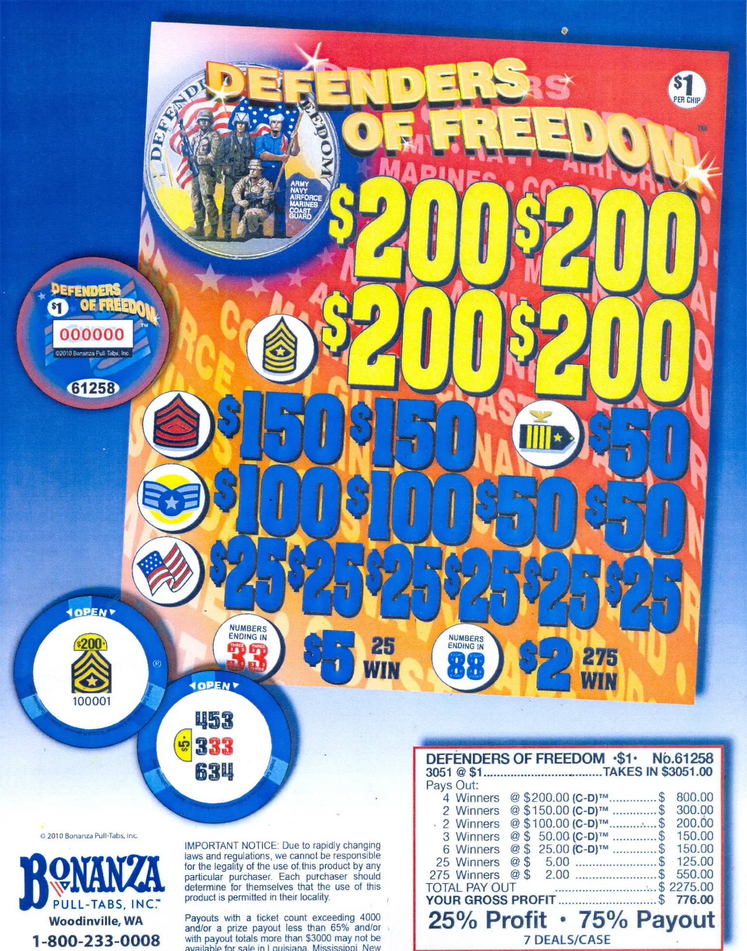 A lottery ticket and two chips are shown.