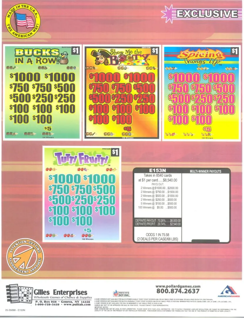 Five colorful lottery scratch-off tickets displayed.