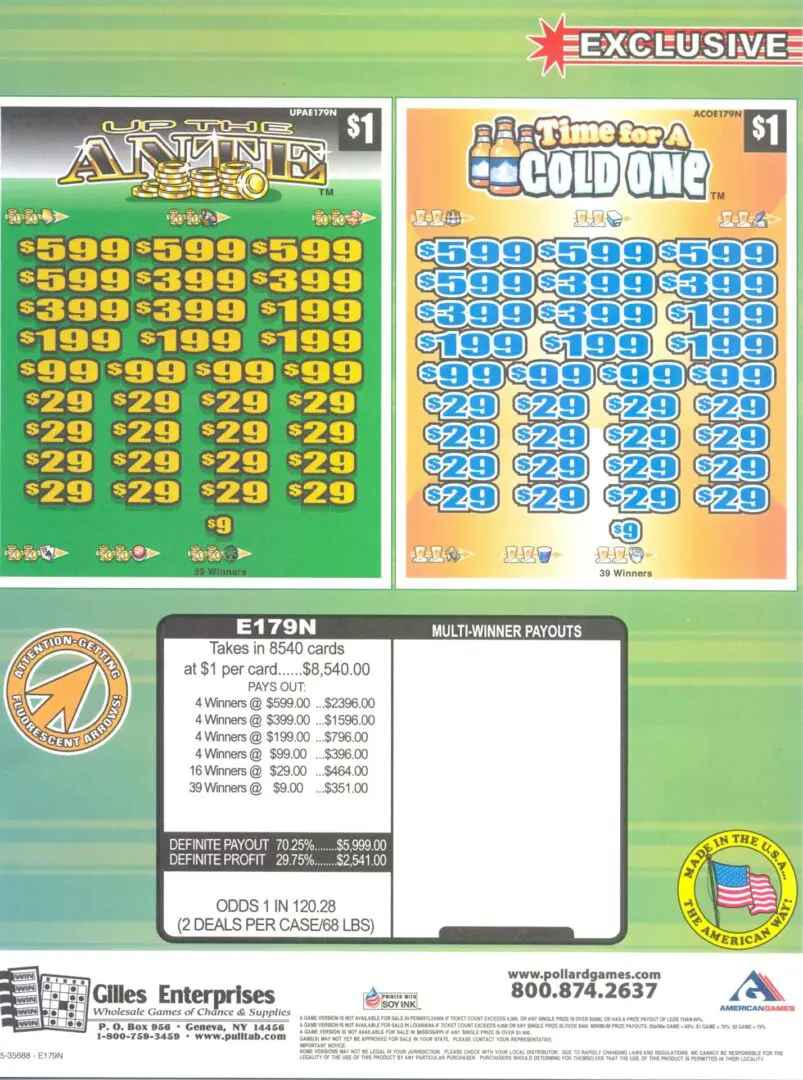 Scratch-off lottery tickets with prize amounts.