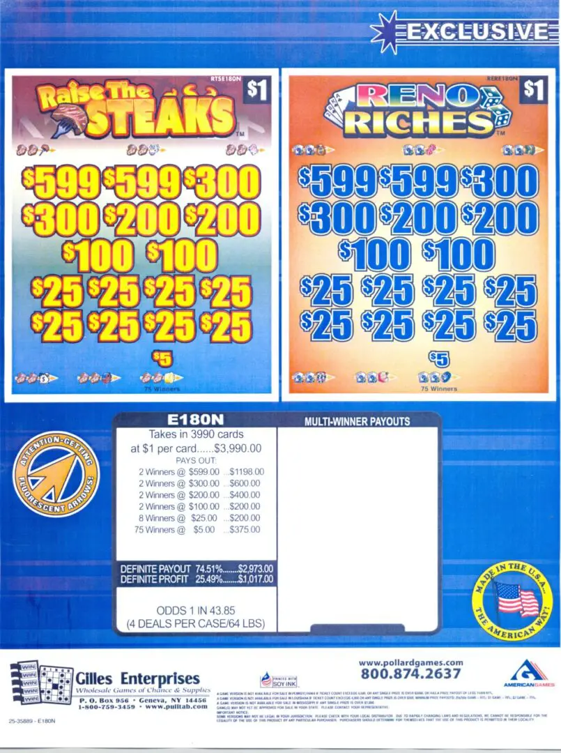 Lottery ticket with prize amounts displayed.