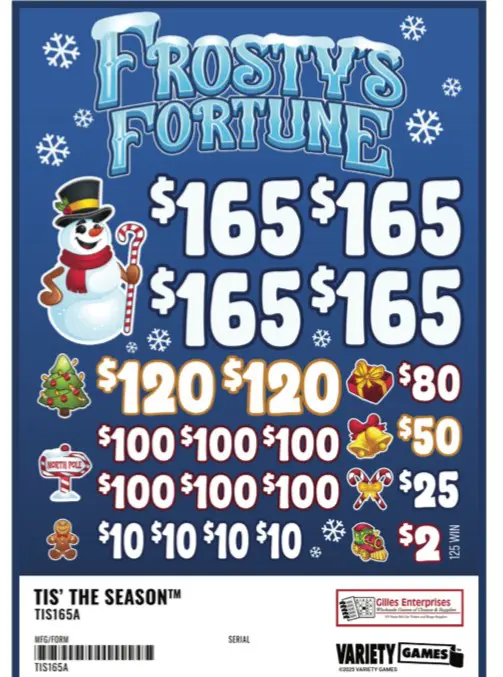 Lottery ticket design featuring snowman and prizes.
