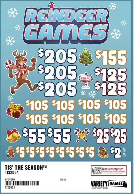 Reindeer-themed scratch-off lottery ticket design.