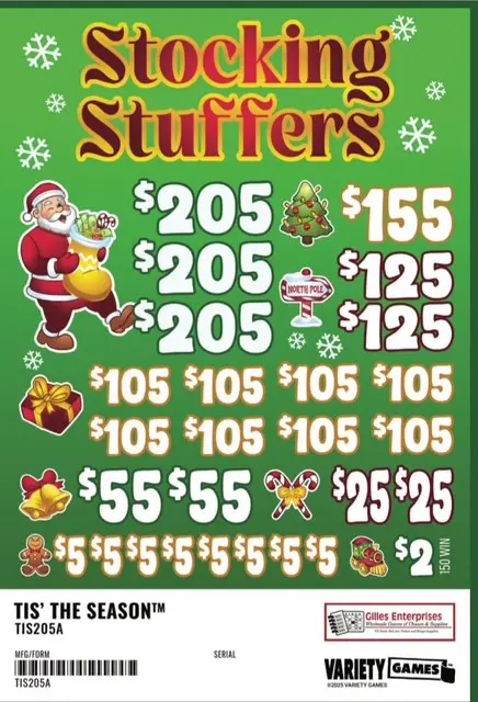 Stocking Stuffers lottery ticket with holiday graphics.