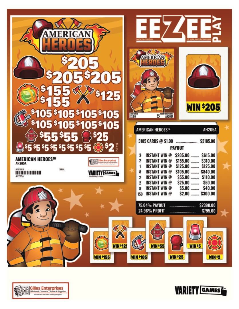 American Heroes-themed scratch card game poster.