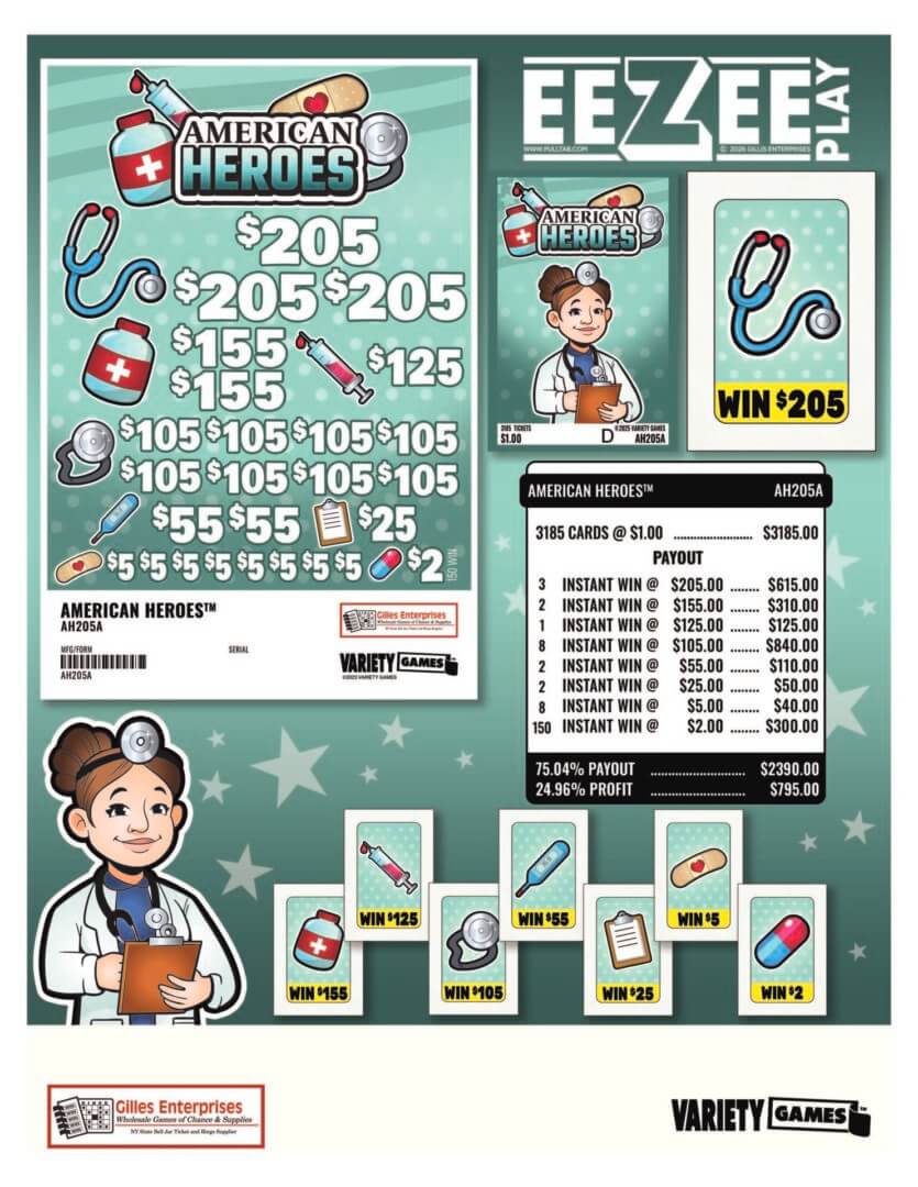 American Heroes scratch card game design.