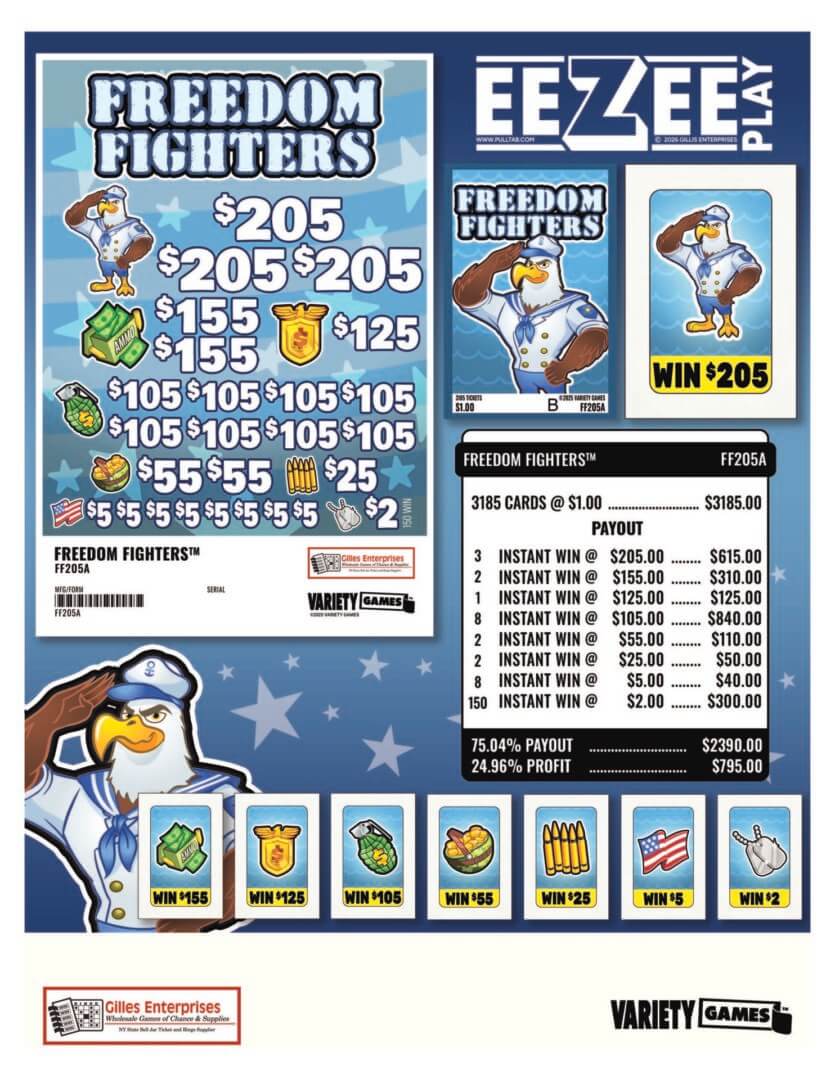 Scratch-off ticket design with bird theme.