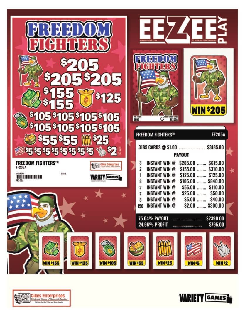 Freedom Fighters lottery game poster, patriotic theme.