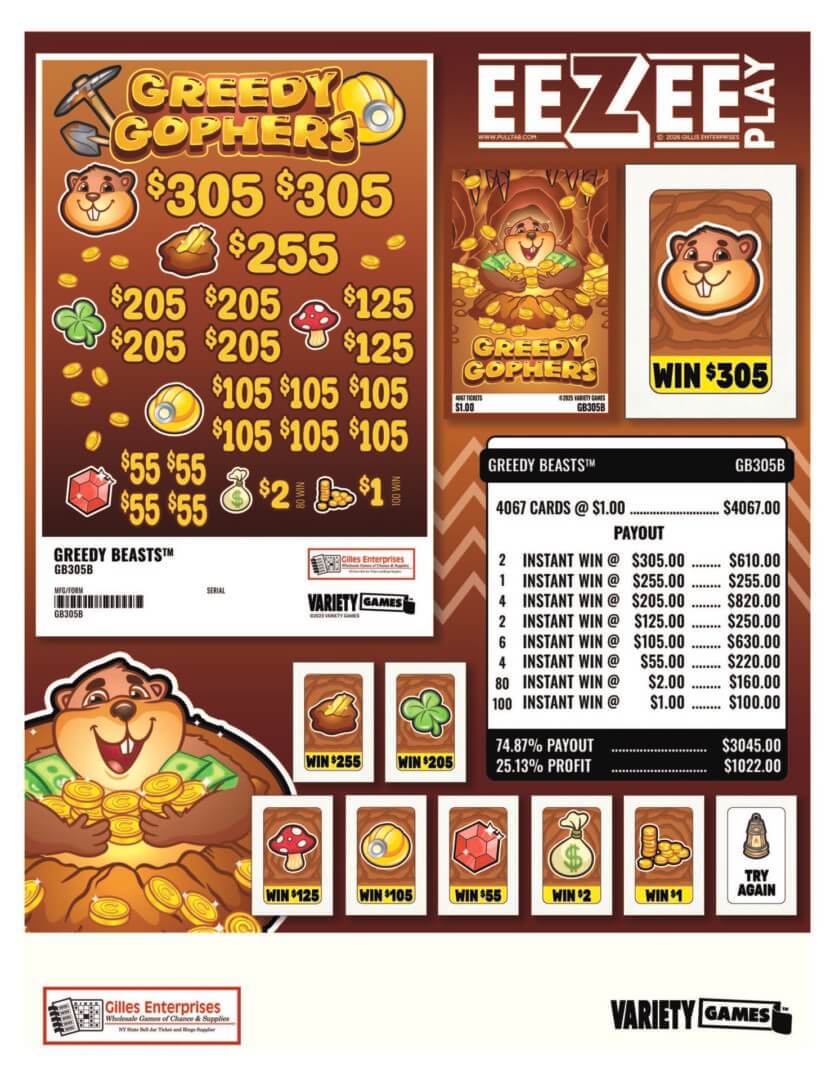 Greedy Gophers scratch-off lottery game poster.