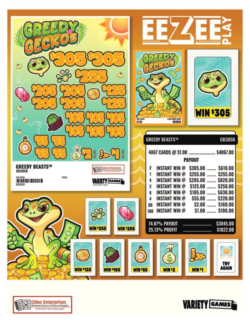 Colorful lottery ticket featuring playful gecko.