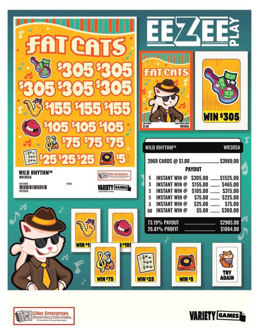 Fat Cats scratch card game advertisement poster.