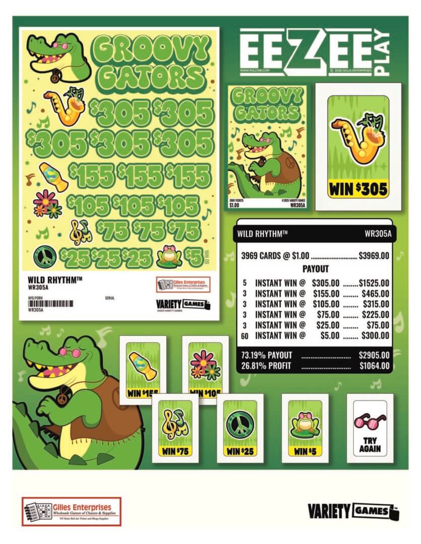 Groovy Gators lottery game card design.